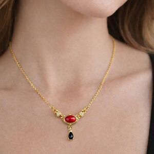 Gold Tone Faux Ruby Red Cabochon Necklace w/ Black Teardrop Drop